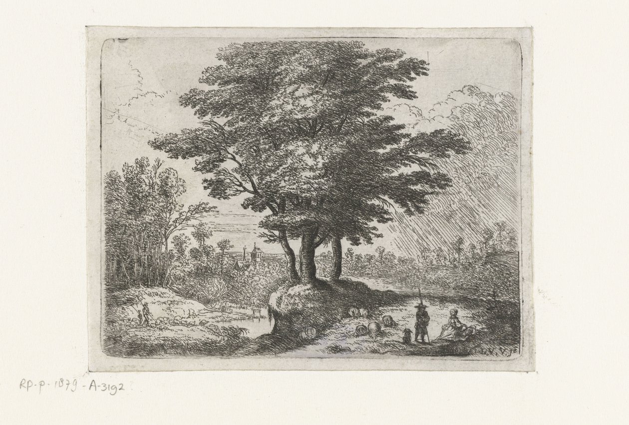 Three Trees, a Shepherd with Sheep and a Dog by Lucas van Uden