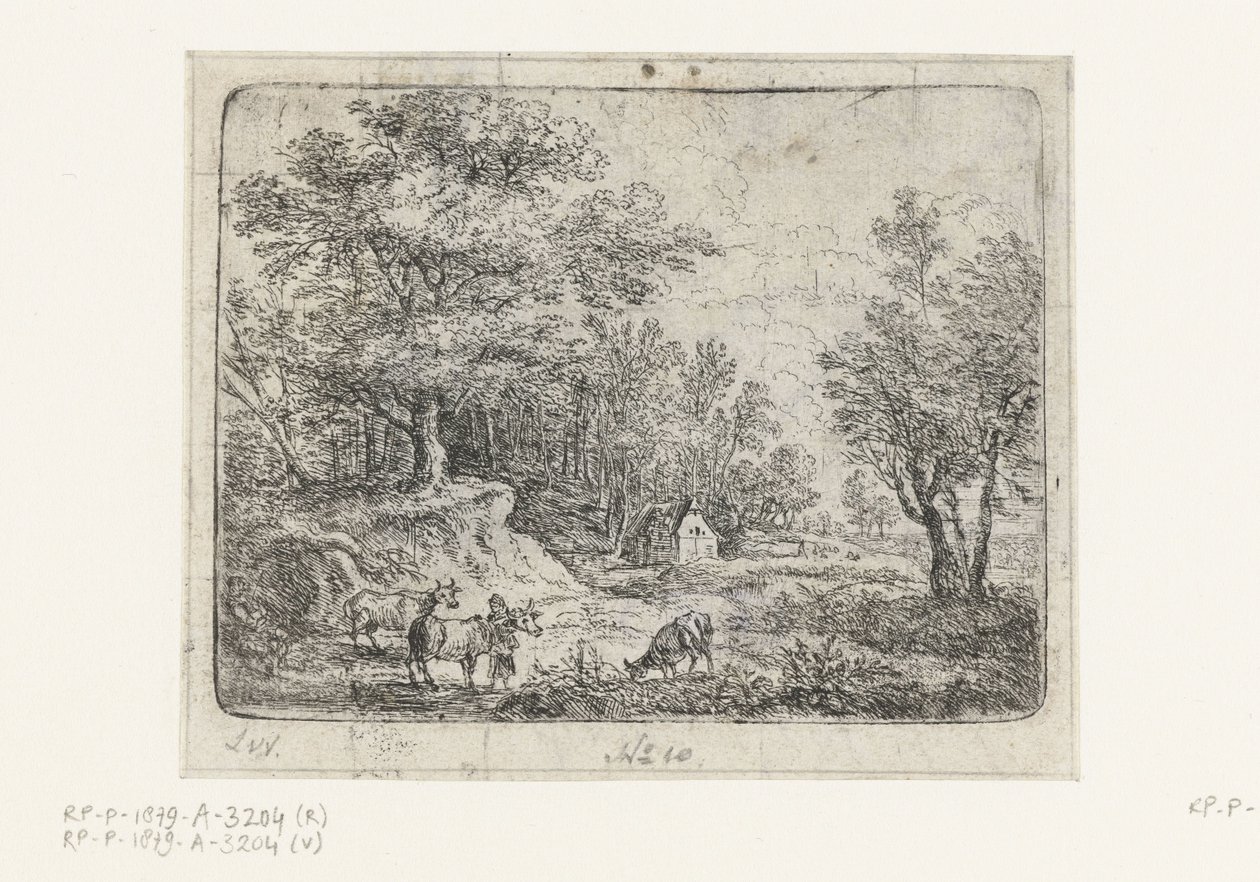 Landscape with Three Cows and a Woman (Small Landscapes) by Lucas van Uden