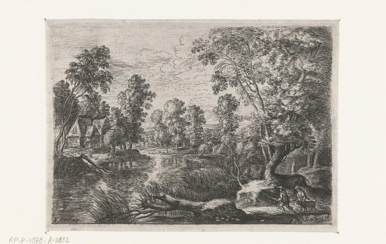 Landscape with a Stream and a Hunter (series title: Six Landscapes) by Lucas van Uden