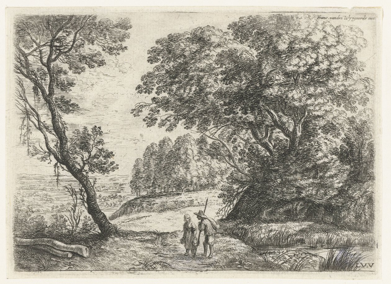 Landscape with a Man and Woman in Conversation, Six Landscapes (series title) by Lucas van Uden