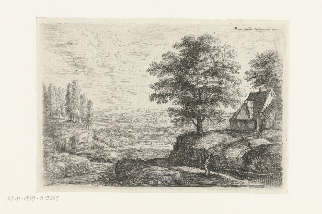 Landscape with a Man with a Staff (series title: Six Landscapes) by Lucas van Uden