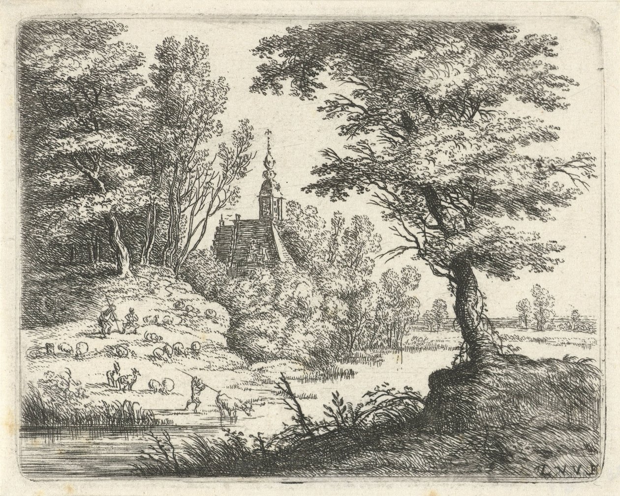 Landscape with Shepherds and Cattle by a River (series: Small Landscapes) by Lucas van Uden