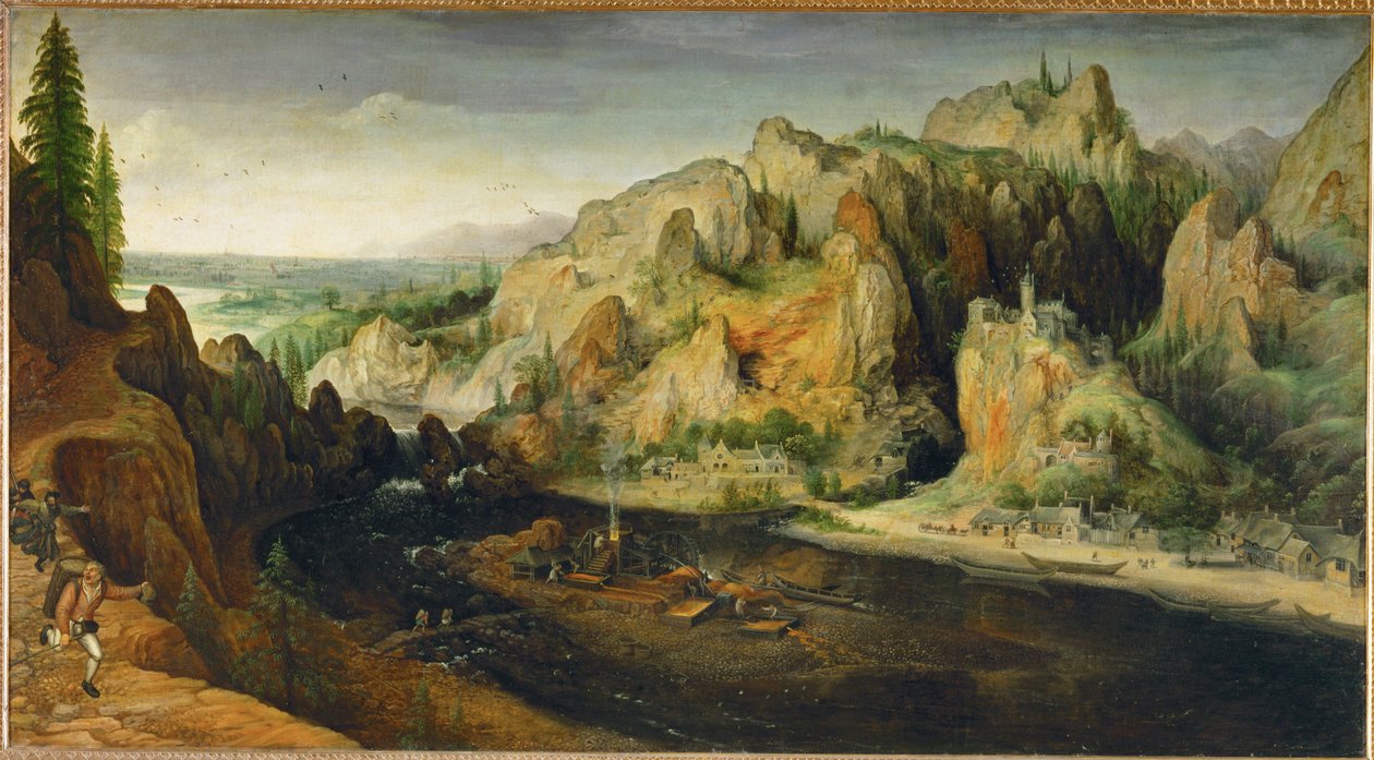 Mountain Landscape with Robbers and Blast Furnace, around 1558 by Lucas van Valckenborch