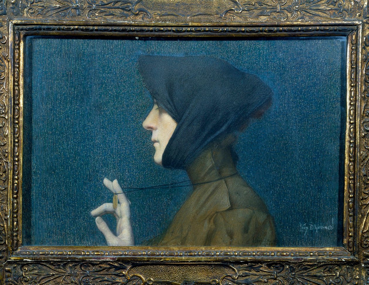 Portrait of a woman with a medallion. Woman in profile supporting her pendant in front of her by Lucien Levy Dhurmer