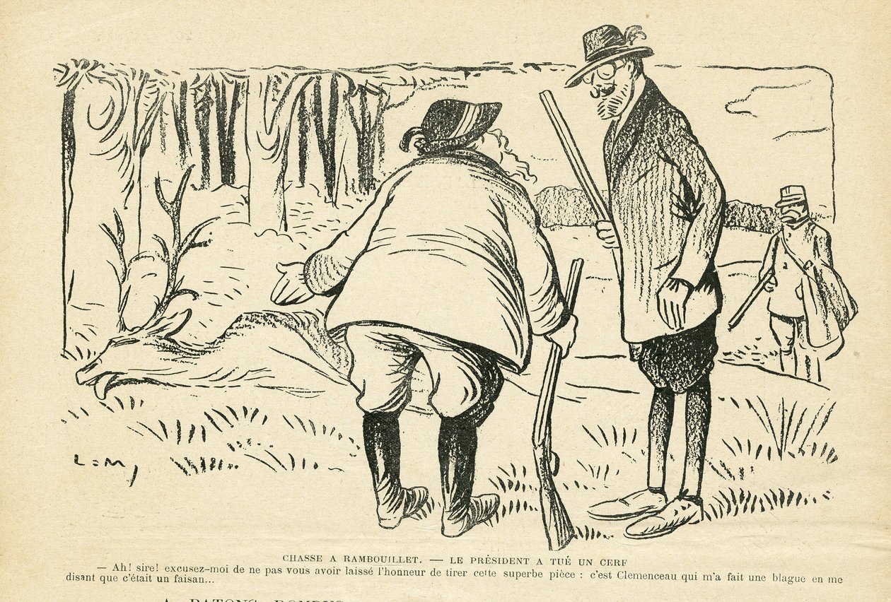 Illustration in Le Rire, 05/12/08 - Hunting in Rambouillet - Nature Vegetation, Hunting Hunter, President of the Republic, Rambouillet - Clemenceau Georges, Fallieres Armand (1841-1931), Deer by Lucien Metivet