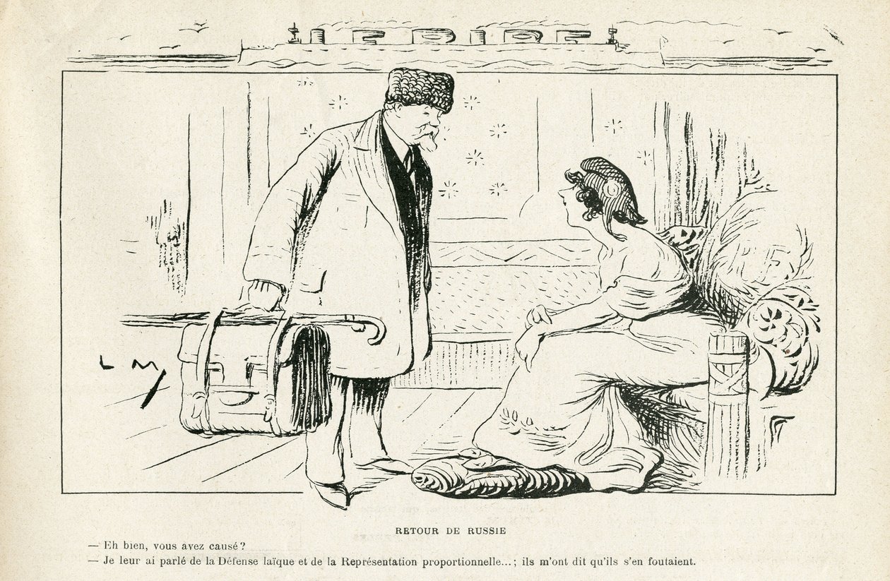 Illustration in Le Rire, 24/08/12 - Return from Russia - Anticlericalism, Russia, President of the Republic, Hats, Official Visit - Marianne, Poincare Raymond (engraving) by Lucien Metivet