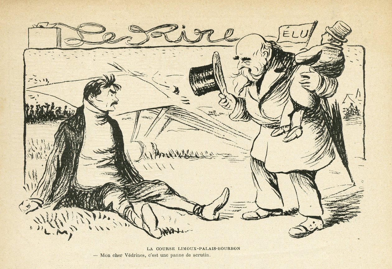 Illustration in Le Rire, 30/03/12 - The Limoux-Palais-Bourbon Race - Elections, Aviation - Vedrines Jules (engraving) by Lucien Metivet