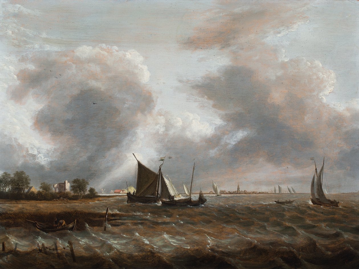 Shipping in a choppy estuary by Ludolf (follower of) Bakhuizen