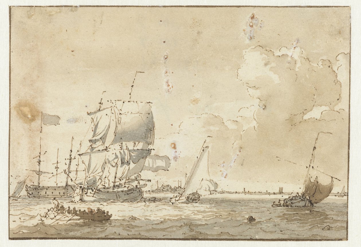 Ships on the Water in Front of a City by Ludolf Bakhuysen