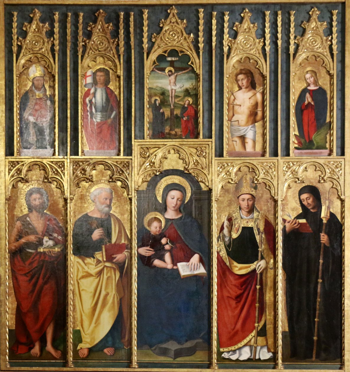 Retable, 10 Panels: Virgin and Child between Saint John the Baptist and Saint Peter, A Bishop and Abbot, Christ on the Cross between Saint John and the Virgin, Saint Martin and Saint Victor, Saint Sebastian and Saint Margaret by Ludovico Brea