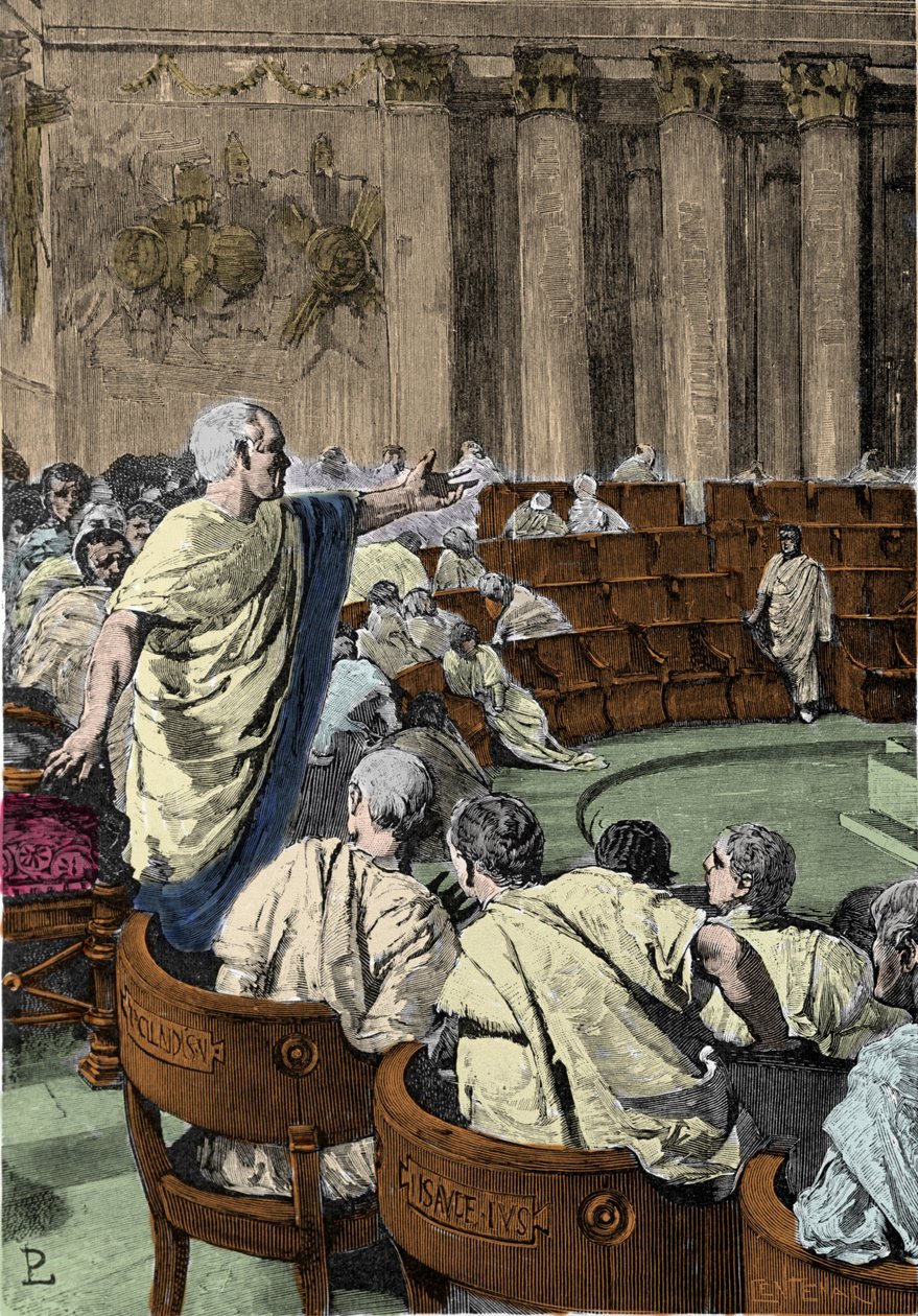 Cicero Denounces the Conspirator Catiline on 7 November 63 BC, during the Speech of the First Catilinarian. The Scene Takes Place in Rome in the Senate, Illustration by Pogliaghi by Ludovico Pogliaghi