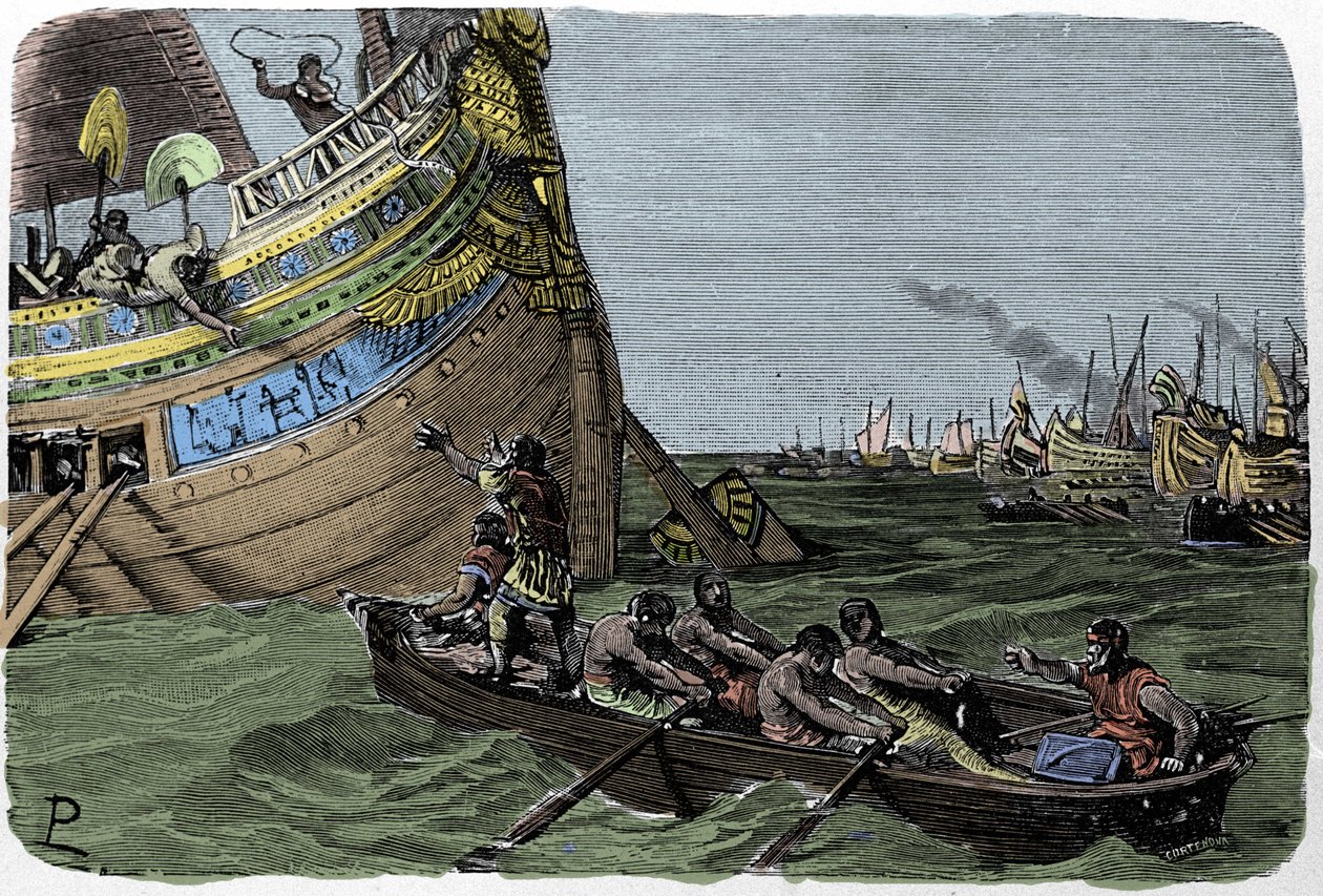 Marc Antony joins Cleopatra in flight after the defeat in the Battle of Actium on 2/09/31 BC, illustration by Ludovico Pogliaghi from 
