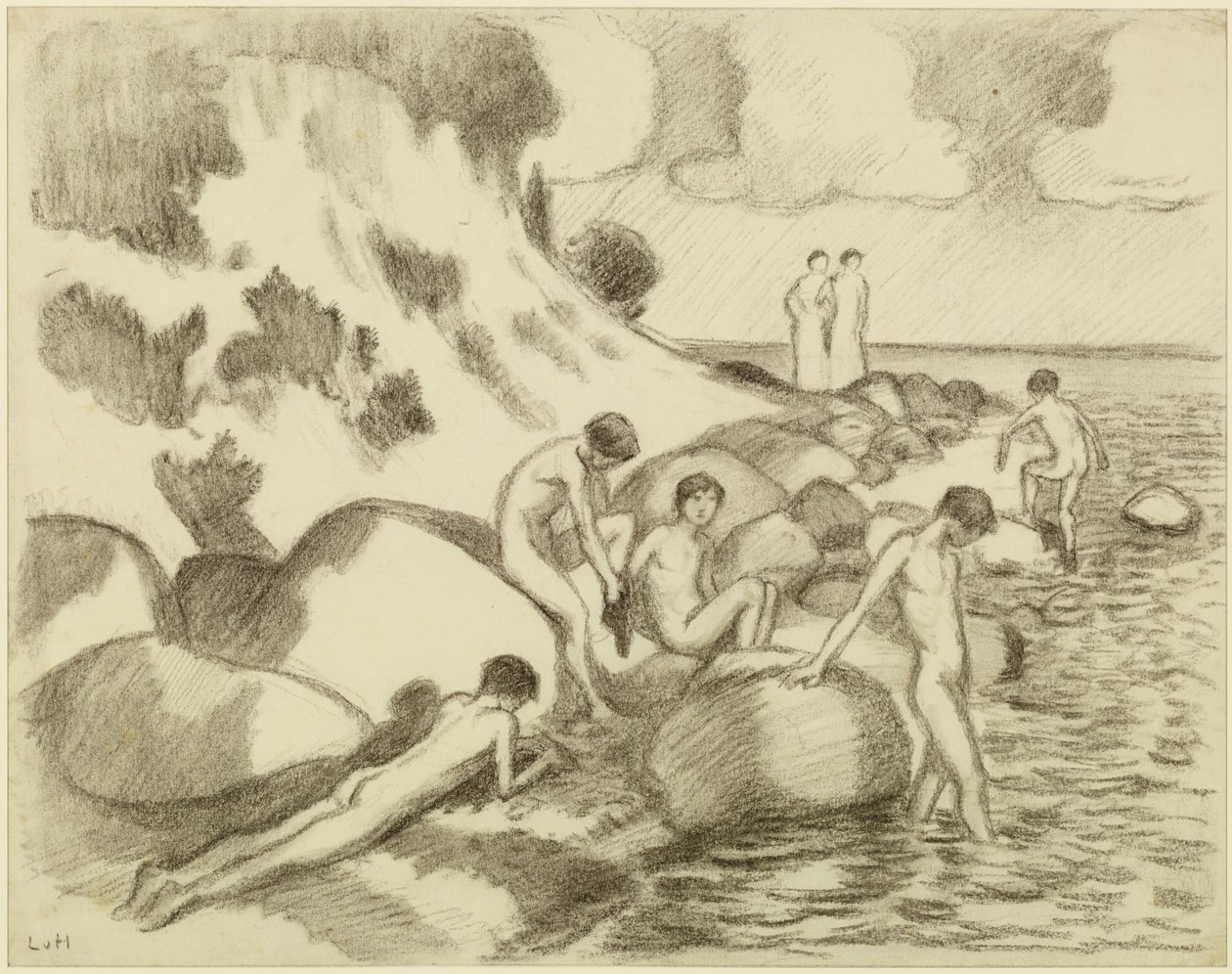 Bathing Boys on the Beach, in the Background Two Women by Ludwig von Hofmann