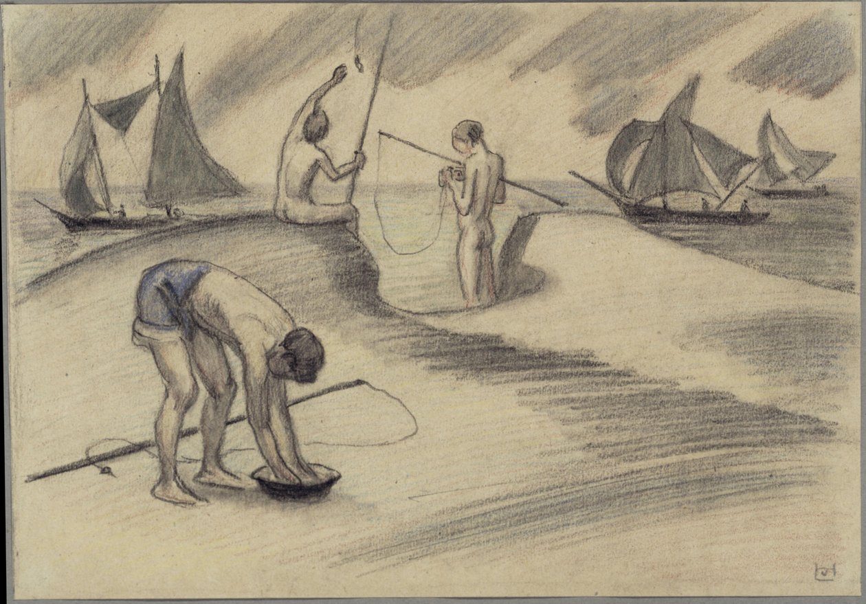 Three Boys Fishing at Sea with Sailing Ships by Ludwig von Hofmann