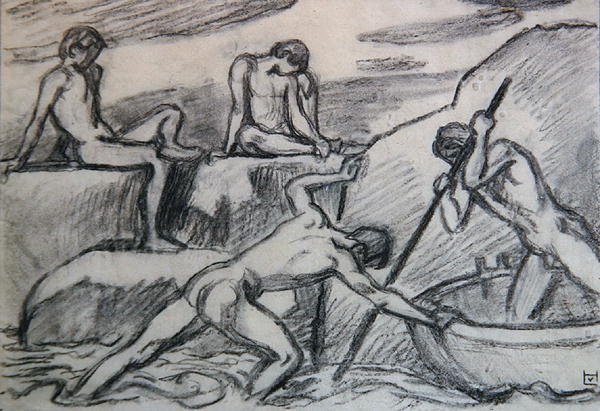 Naked Boatman and Youths on a Green Shore by Ludwig von Hofmann