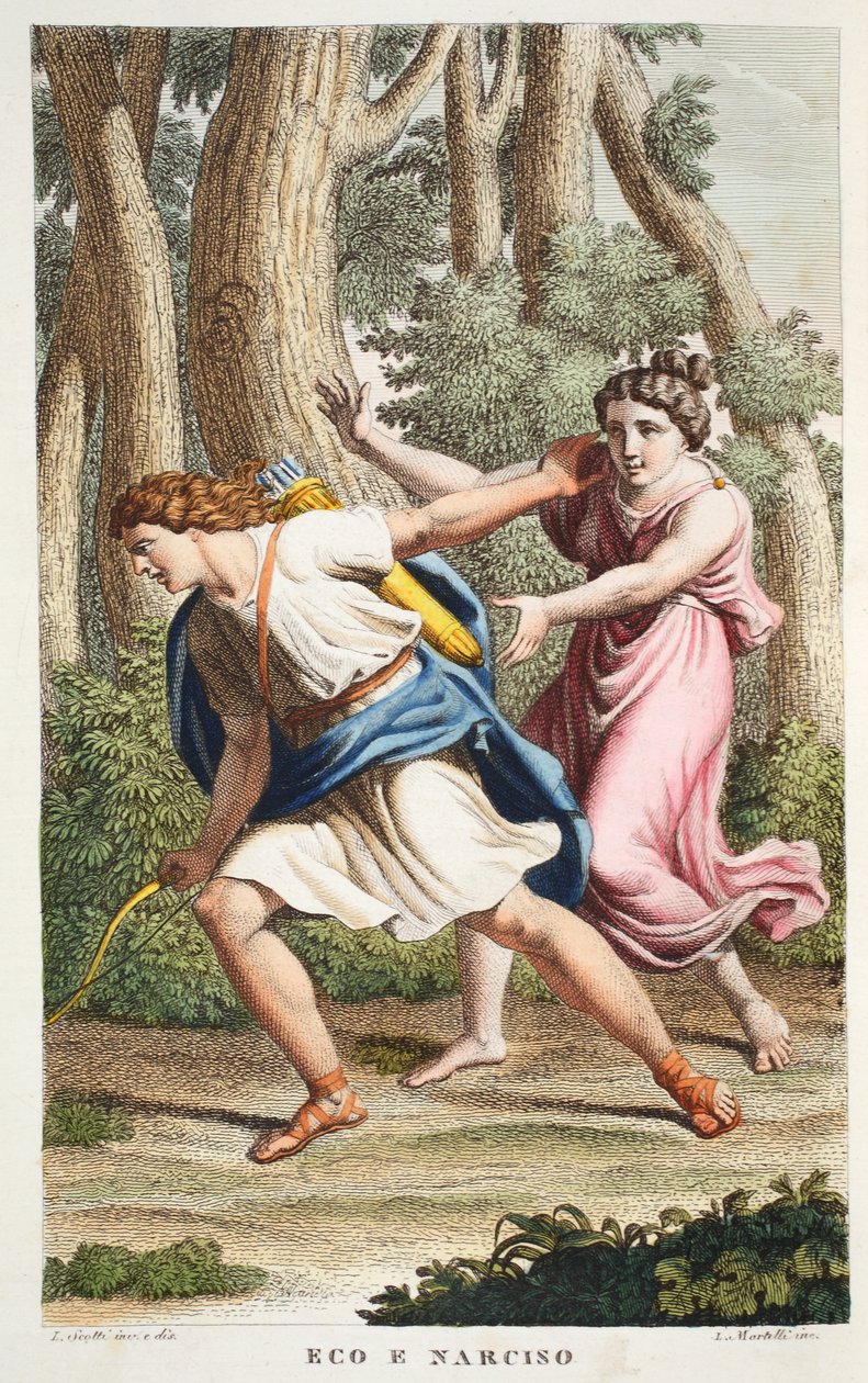 Echo and Narcissus or Eco e Narciso, Book III, illustration from Ovid