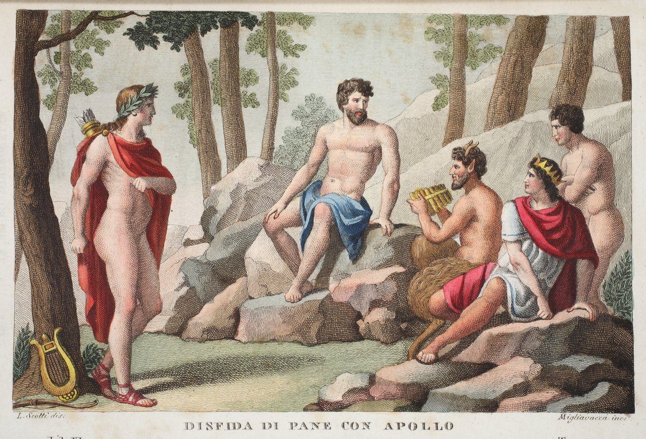 Pan and Apollo or Dinfida di Pane con Apollo, Book XI, illustration from Ovid
