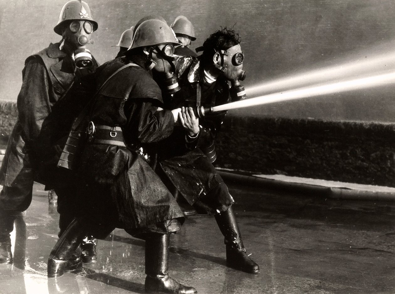 Firemen at Work with Gas Masks and Fire Plugs by Luigi Betti