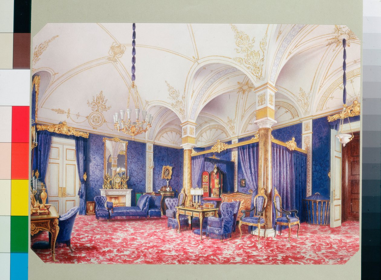 Interiors of the Winter Palace - The Bedchamber of Empress Maria Alexandrovna - Watercolour on Paper by Luigi Premazzi by Luigi Premazzi