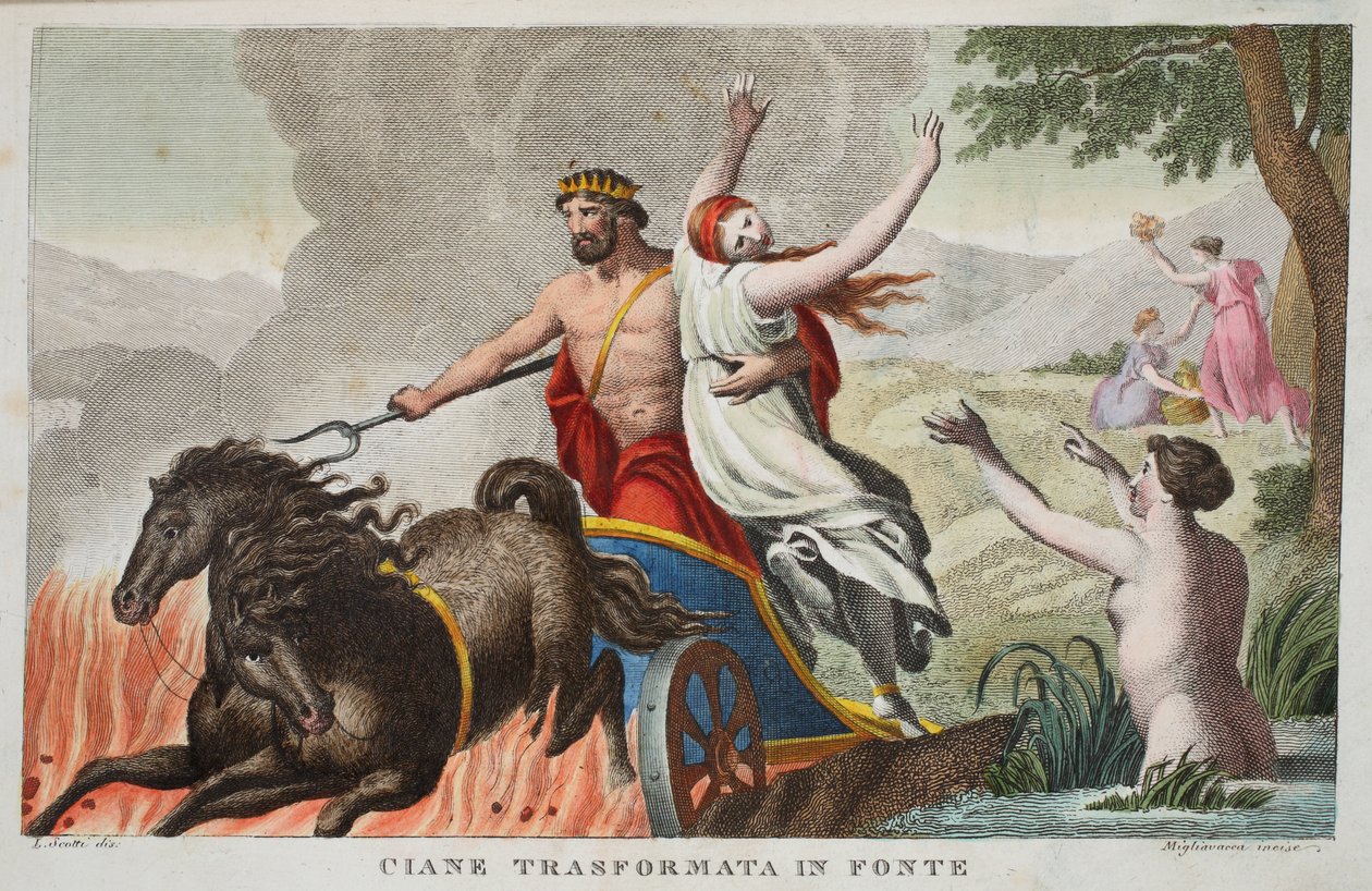 Cyane and the Rape of Proserpina or Ciane Transformata in Fonte, Book V, Illustration from Ovid