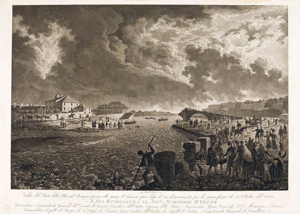 View of the bridge Pila in Genoa, after the flood of the Bisagno torrent on 26/10/1822 (Etching, c.1822) by Luigi Garibbo