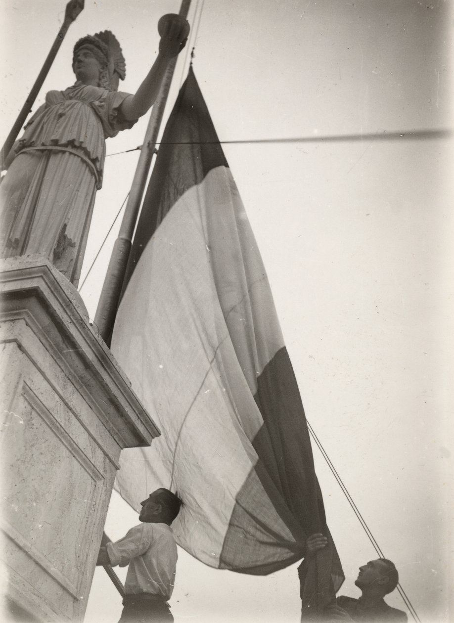 Italian Flag Hoisted Near a Statue by Luigi Leoni