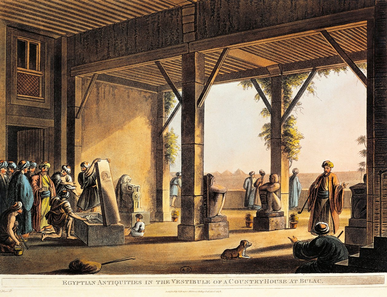 Egyptian antiquities in the yard of a Boulaq house, engraving from Views in Egypt by Luigi Mayer
