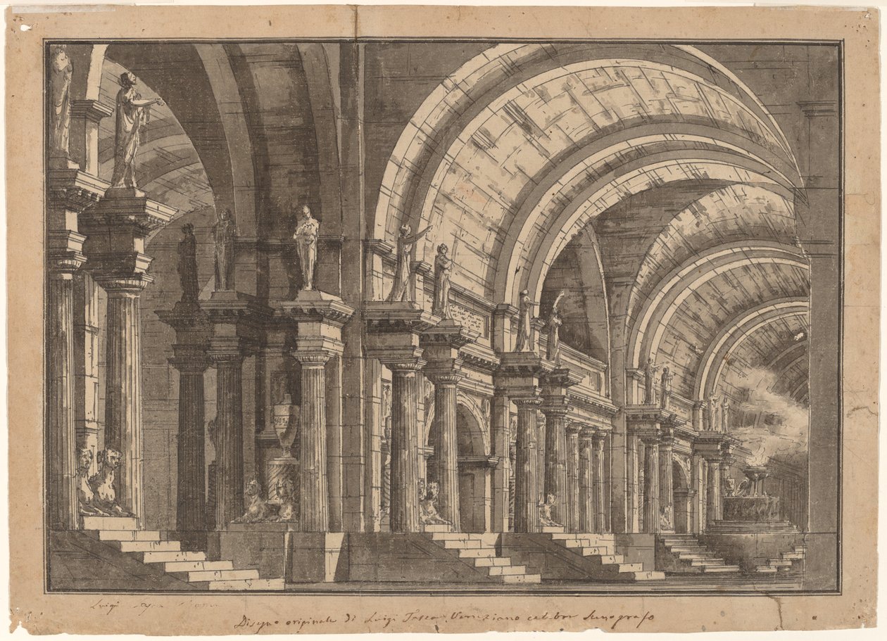 A Monumental Vaulted Hall with a Smoking Altar by Luigi Tasca