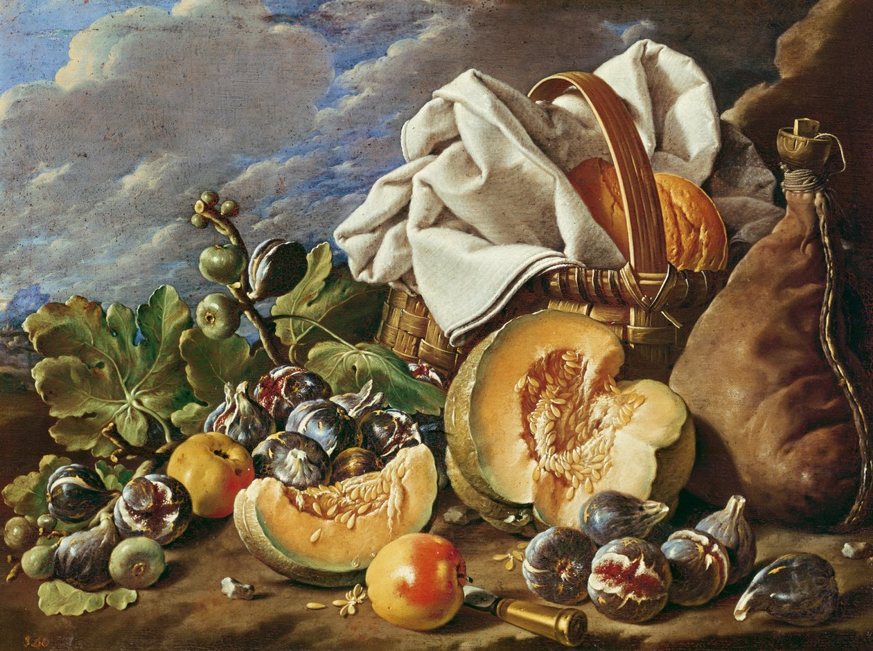 Still Life with Figs, Wicker Basket, Pumpkin, Bread, Wine Skin and Knife by Luis Egidio Melendez