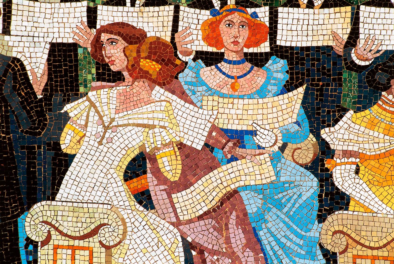 Palais de la musique catalane, Barcelone. Mosaic decorating the facade: woman singing in the Catalan choir (Orfeo Catala), (detail) by Luis & Bru i Salelles Luis (1868 1952) Domenech i Montaner