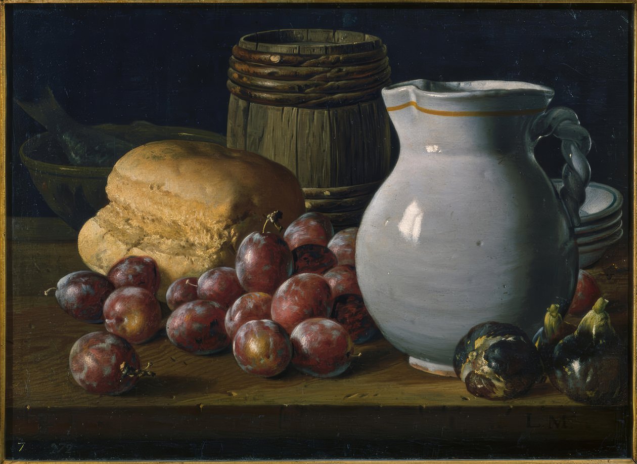 Still Life with Plums, Figs, Bread, Barrel, Jug and Other Vessels by Luis Meléndez