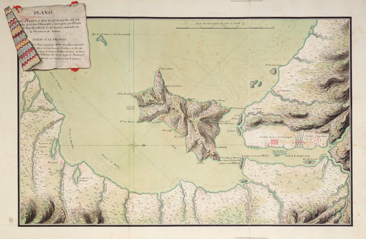 Plano del Puerto y Rio Guayaquil en el Mar de el Sur by Luis de Surville