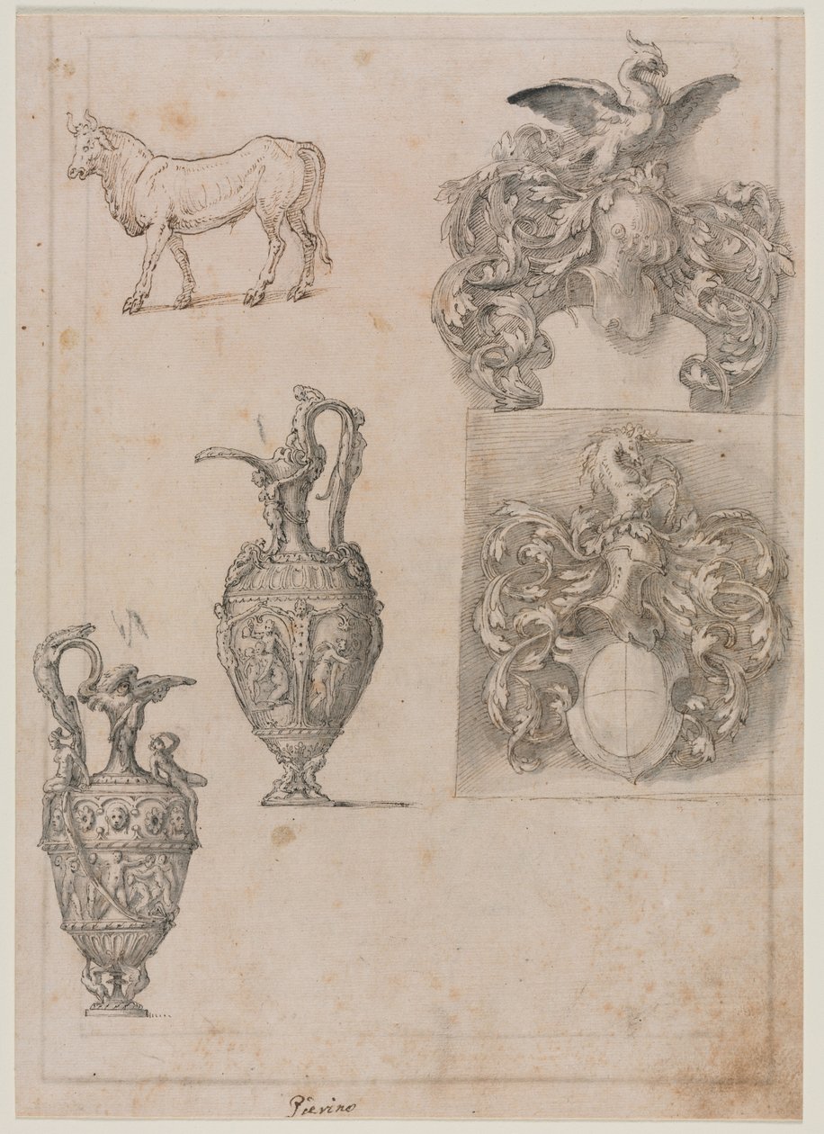 Design for Two Vases, Two Coats of Arms, and a Bull (recto), mid 1500s by Luzio Romano
