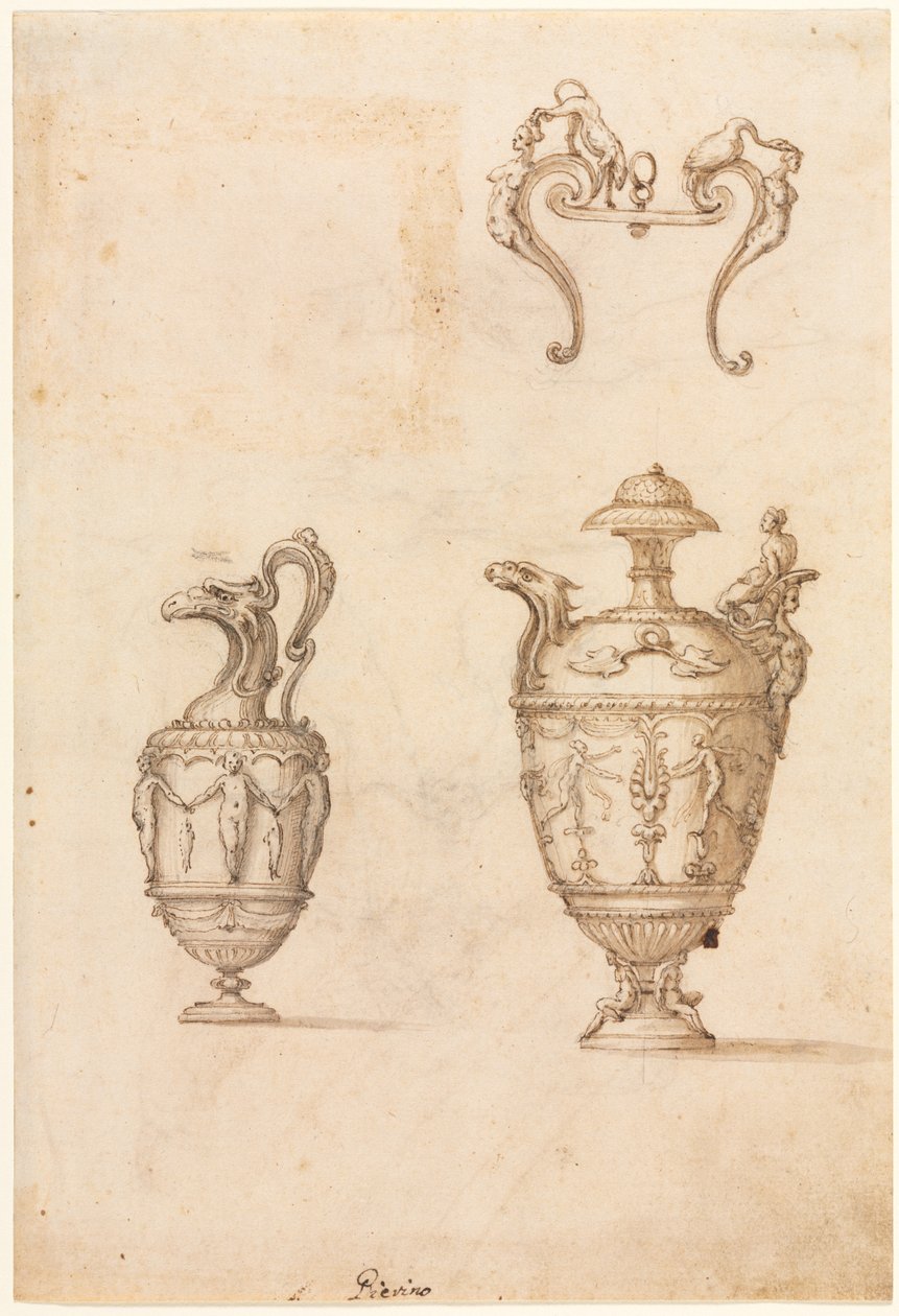Design for Two Vases and an Ornament (recto) by Luzio Romano