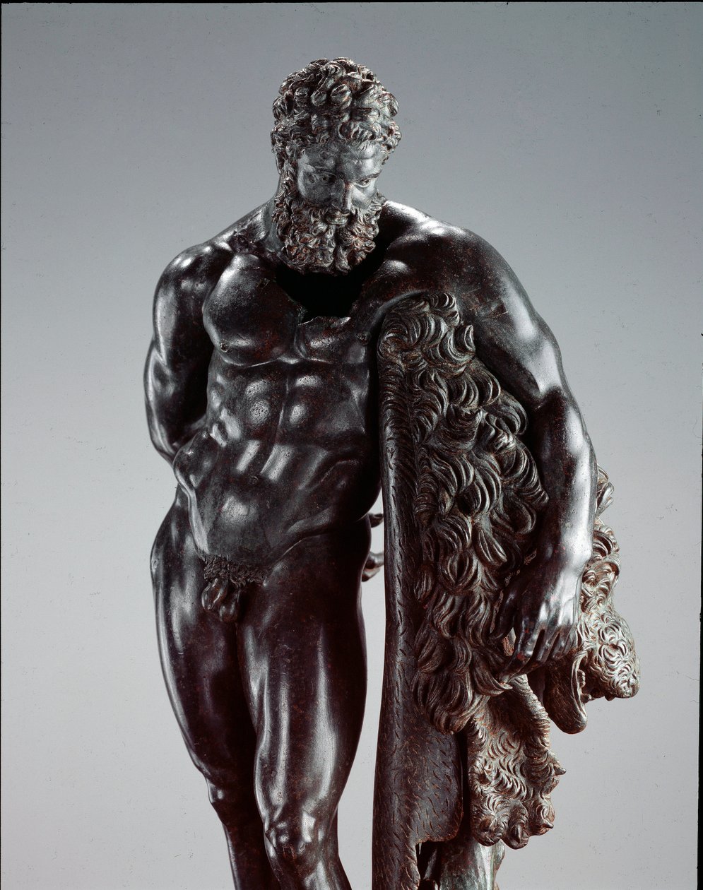 Greek Art: “” Heracles at rest”” Detail. Bronze sculpture of Lysippe of Sicyone (395-305 BC) 4th century BC. From the Shrine of Ercole Curino, Sulmona. Museo Nazionale Archeologico, Chieti Italy by Lysippos (attributed to)