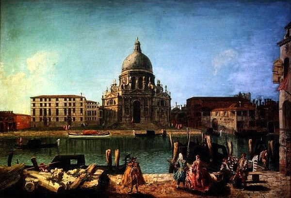 S. Maria della Salute from the Rio de San Moise, Venice, with Gentry and Gondoliers in the Foreground by M. and Guardi G.A. Marieschi