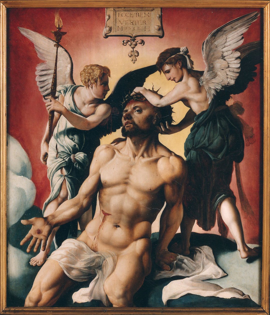Christ crowned with thorns between two angels by Maarten Jacobsz Heemskerck van