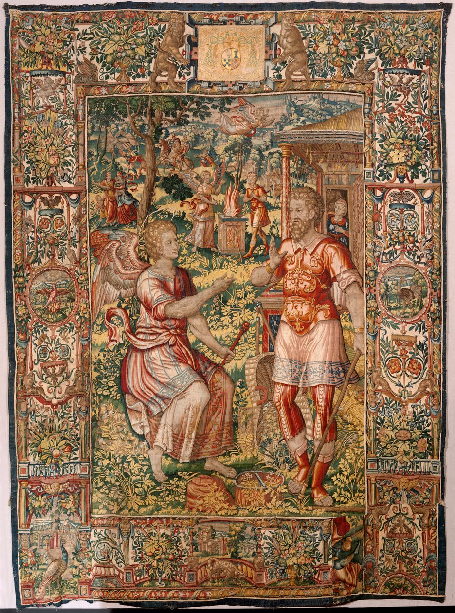 Diocesan museum (Museo Diocesano). Flemish tapestry. Brussels. Atelier François Geubels. Series Story of Gideon. Gideon and the angel. Silk and wool. Bequest of Bishop Vicente Roca de la Serna. Baroque. 1534-1571, in the cathedral since by Maerten van Heemskerck