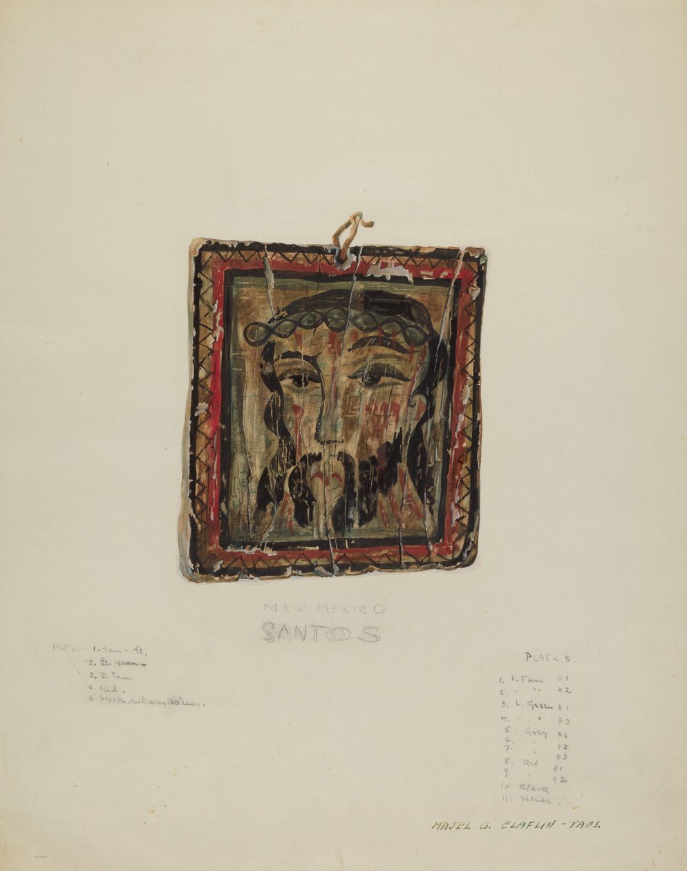 Small Christ Head - Retablo, c. 1940 by Majel G. Claflin