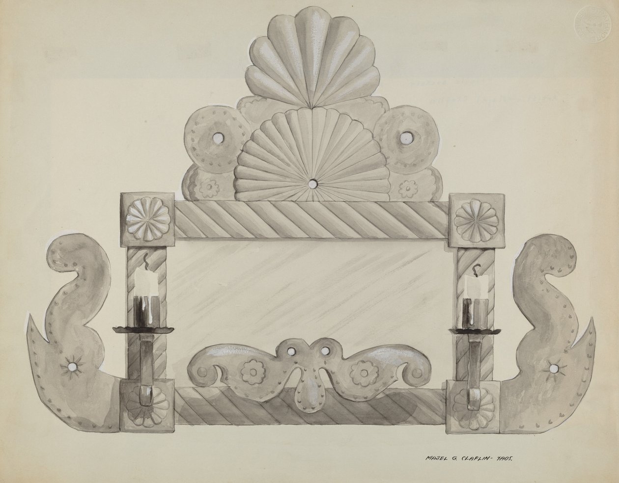 Tin Mirror Frame with 2 Candle Sockets by Majel G. Claflin