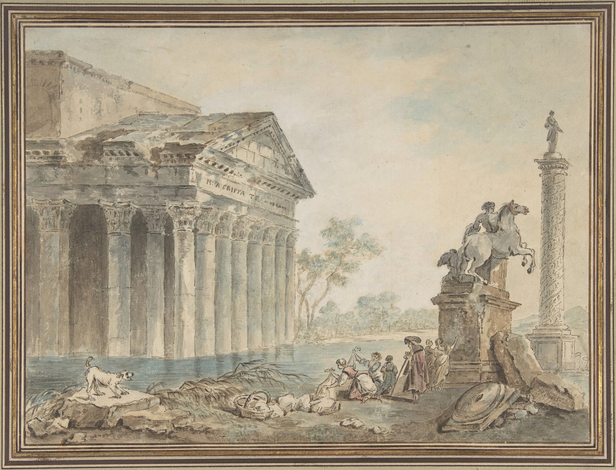 Architectural Capriccio with Roman Monuments and Washerwomen by Manner of Hubert Robert