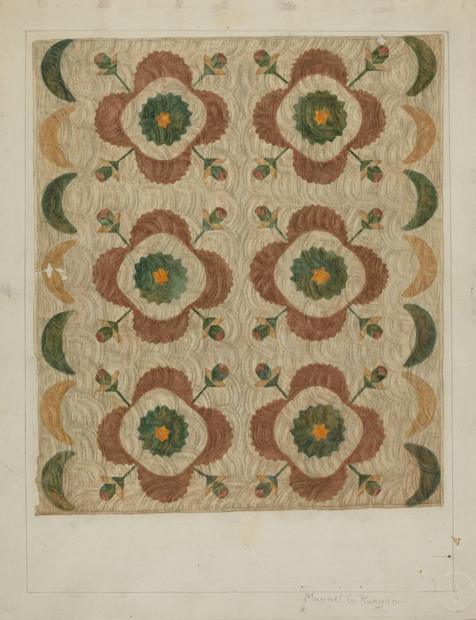 Applique and Quilted Coverlet by Manuel G. Runyan