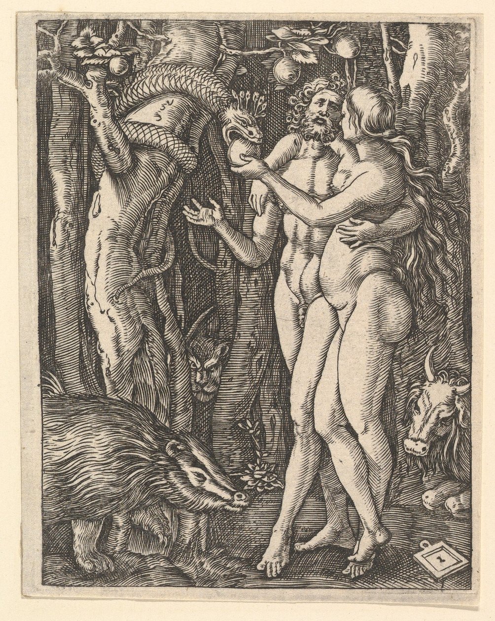 Adam and Eve with Apple and Serpent by Marcantonio Raimondi