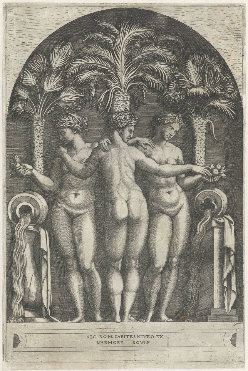 Three Graces Standing in a Niche Before Three Palm Trees and Flanked by Jugs Pouring Water by Marcantonio Raimondi