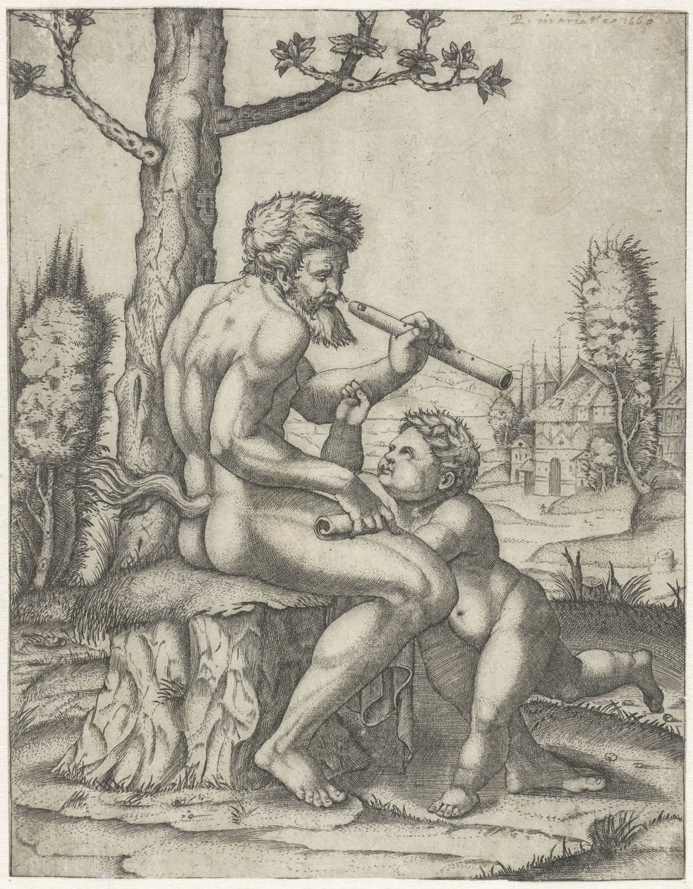 Faun with Flute Playing with Child by Marcantonio Raimondi