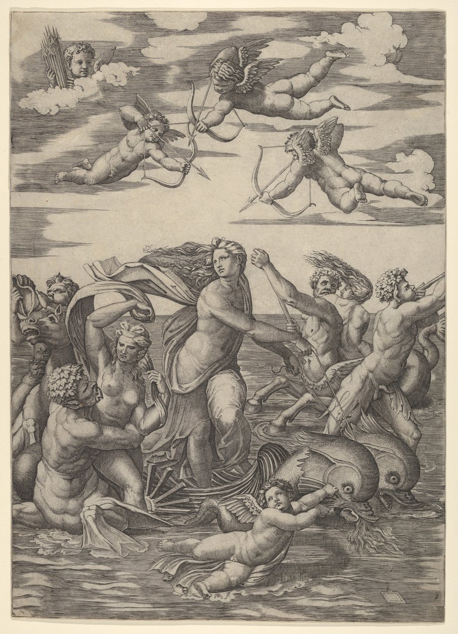 Galatea Standing in a Water-Chariot Pulled by Two Dolphins by Marcantonio Raimondi