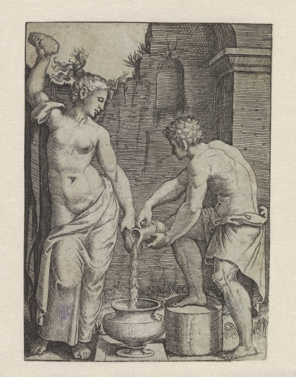 Half-Naked Woman Washing with Sponges and Male Servant Pouring Water into a Vat Woman with Two Sponges by Marcantonio Raimondi