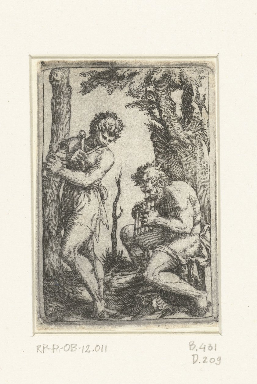 Young Shepherd with Shawm and Old Shepherd with Pan Flute by Marcantonio Raimondi
