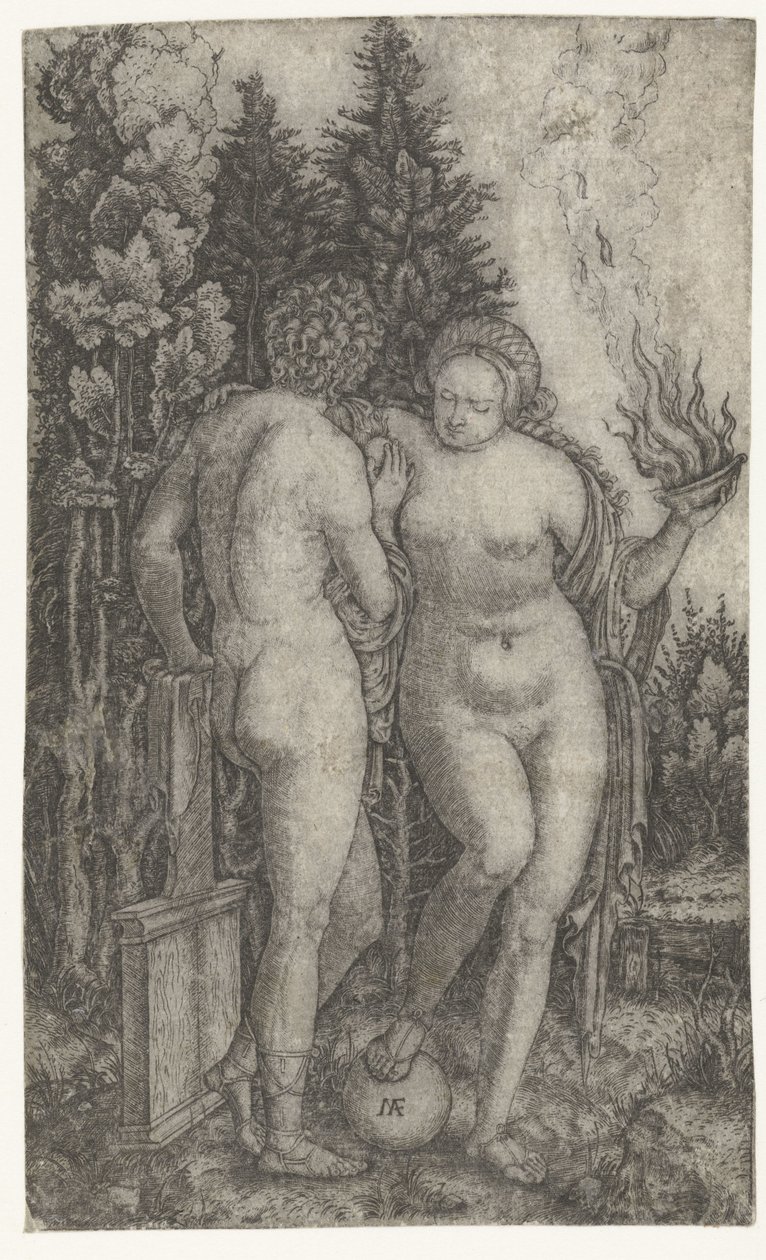 Young Man Protected by Woman with Globe and Offering Bowl as Personification of Fortune (Fortuna) by Marcantonio Raimondi