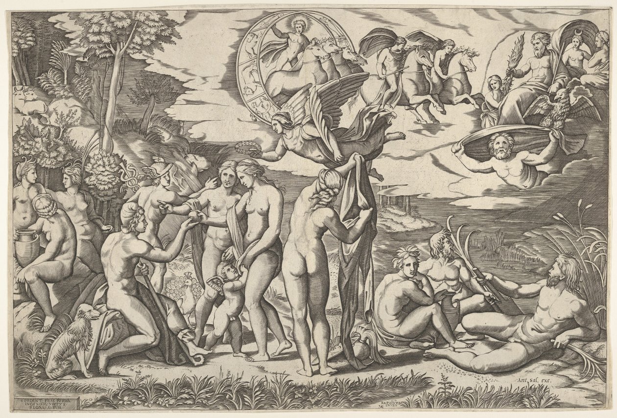 Judgment of Paris: Paris Extends His Hand Toward Venus, Who Stands Between Juno and Minerva by Marcantonio Raimondi